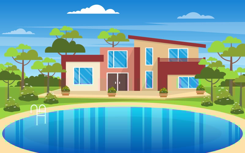 Download Иллюстрация "Building Exterior Modern - Illustration" / Building Exterior Modern - Illustration - Иллюстрация на тему графика modern,house,villa,exterior,swimming,pool,backyard,illustration,vector,water,day,cloud,blue,tree,top,view,background,poolside,outdoor,summer