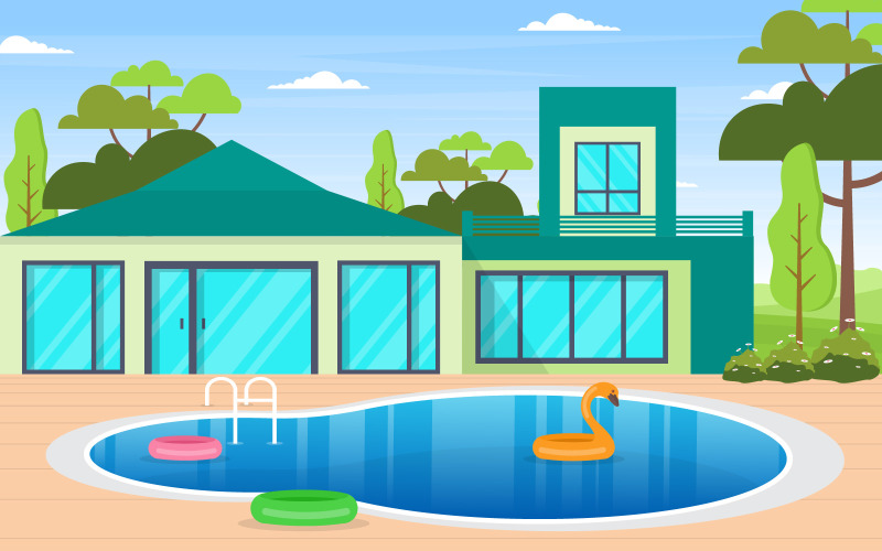 Download Иллюстрация "Exterior Modern View - Illustration" / Exterior Modern View - Illustration - Иллюстрация на тему графика modern,house,villa,exterior,swimming,pool,backyard,illustration,vector,water,day,cloud,blue,tree,top,view,background,poolside,outdoor,summer