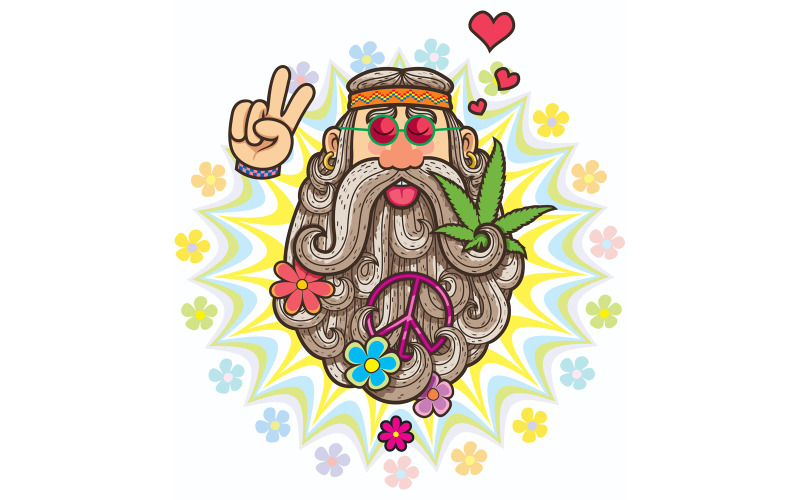 Download Иллюстрация "Hippie - Illustration" / Hippie - Illustration - Иллюстрация на тему графика hippie,hippy,hipster,lifestyle,culture,1960s,movement,man,character,person,pacifist,rebel,fashion,old,beard,sunglasses,earring,hand,gesture,peace