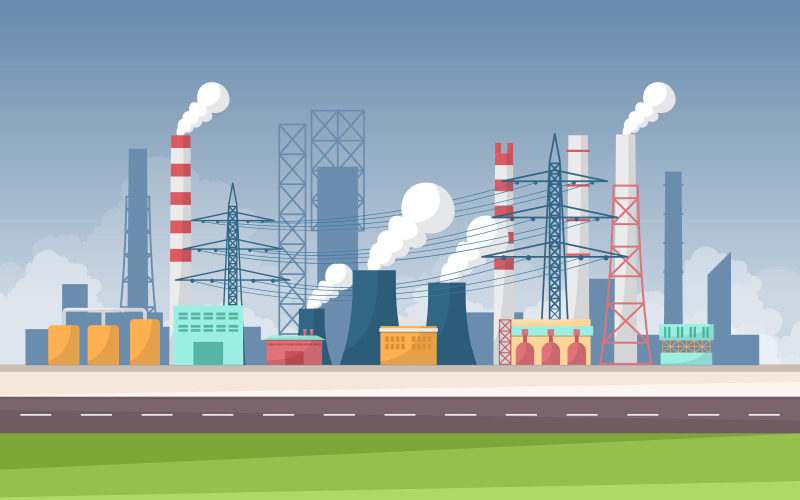 Download Иллюстрация "Industrial Concept Landscape - Illustration" / Industrial Concept Landscape - Illustration - Иллюстрация на тему графика industrial,factory,concept,manufacturing,building,facilities,area,flat,illustration,landscape,vector,business,engine,industry,manufacture,tree,cloud,sky,road,day