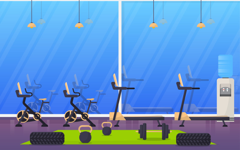 Download Иллюстрация "Interior Sport Club - Illustration" / Interior Sport Club - Illustration - Иллюстрация на тему графика gym,center,interior,sport,club,fitness,weight,bodybuilding,equipment,vector,illustration,healthy,muscular,gymnasium,gymnastic,sports column,turning,device,treadmill,bike