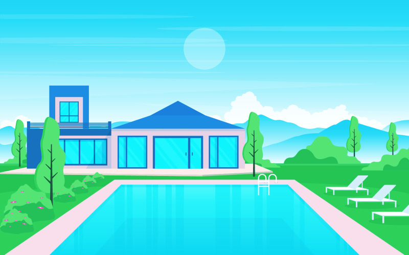 Download Иллюстрация "Luxury Building Outdoor - Illustration" / Luxury Building Outdoor - Illustration - Иллюстрация на тему графика modern,house,villa,exterior,swimming,pool,backyard,illustration,vector,water,day,cloud,blue,tree,top,view,background,poolside,outdoor,summer