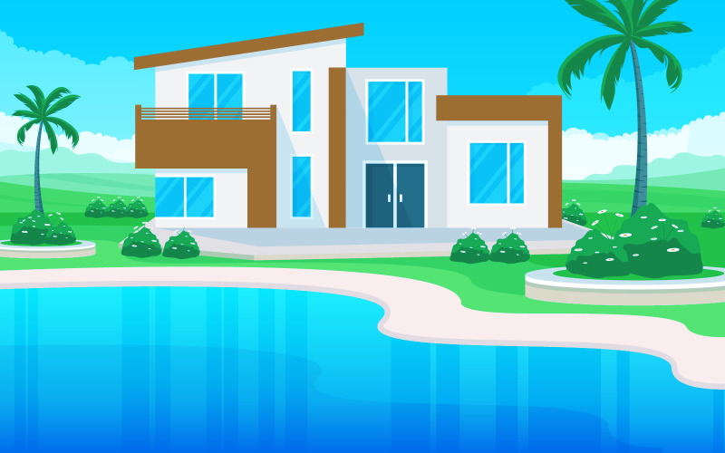 Download Иллюстрация "Luxury Modern Building - Illustration" / Luxury Modern Building - Illustration - Иллюстрация на тему графика modern,house,villa,exterior,swimming,pool,backyard,illustration,vector,water,day,cloud,blue,tree,top,view,background,poolside,outdoor,summer