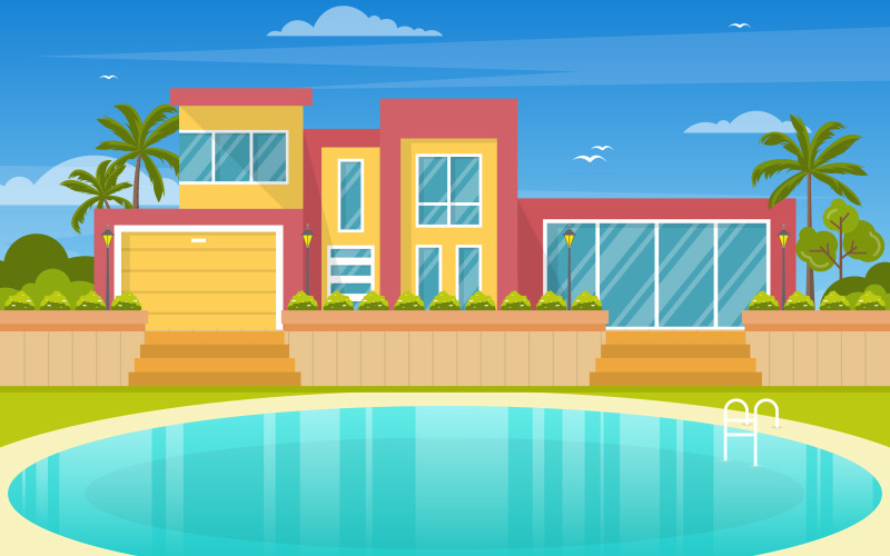 Download Иллюстрация "Modern Backyard Concept - Illustration" / Modern Backyard Concept - Illustration - Иллюстрация на тему графика modern,house,villa,exterior,swimming,pool,backyard,illustration,vector,water,day,cloud,blue,tree,top,view,background,poolside,outdoor,summer