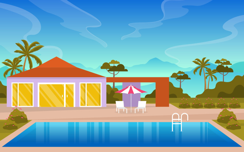 Download Иллюстрация "Modern Backyard View - Illustration" / Modern Backyard View - Illustration - Иллюстрация на тему графика modern,house,villa,exterior,swimming,pool,backyard,illustration,vector,water,day,cloud,blue,tree,top,view,background,poolside,outdoor,summer