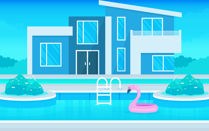 Download Иллюстрация "Modern Building Concept - Illustration" / Modern Building Concept - Illustration - Иллюстрация на тему графика modern,house,villa,exterior,swimming,pool,backyard,illustration,vector,water,day,cloud,blue,tree,top,view,background,poolside,outdoor,summer