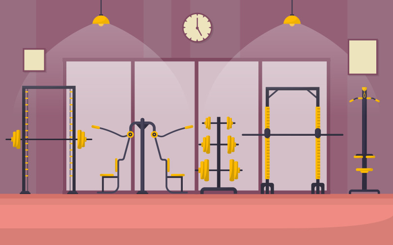 Download Иллюстрация "Modern Sport Center - Illustration" / Modern Sport Center - Illustration - Иллюстрация на тему графика gym,center,interior,sport,club,fitness,weight,bodybuilding,equipment,vector,illustration,healthy,muscular,gymnasium,gymnastic,sports column,turning,device,treadmill,bike