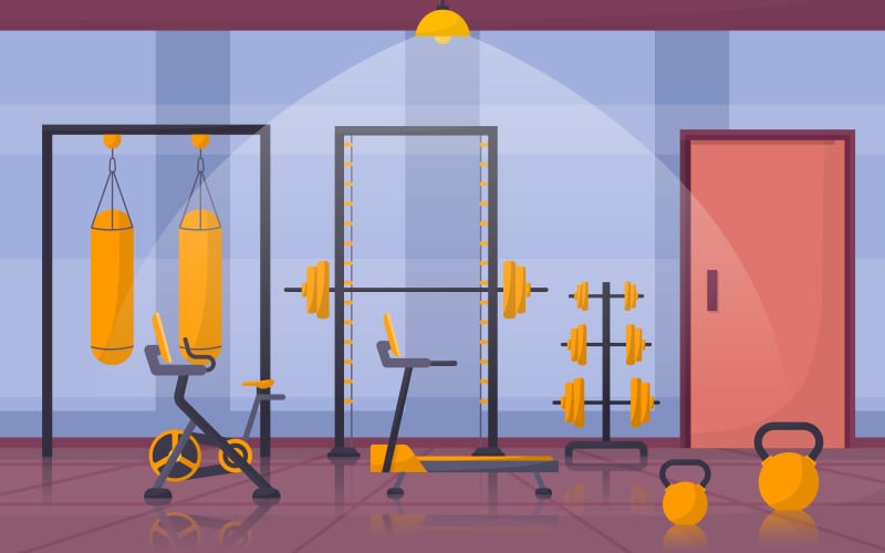 Download Иллюстрация "Modern Sport Interior - Illustration" / Modern Sport Interior - Illustration - Иллюстрация на тему графика gym,center,interior,sport,club,fitness,weight,bodybuilding,equipment,vector,illustration,healthy,muscular,gymnasium,gymnastic,sports column,turning,device,treadmill,bike