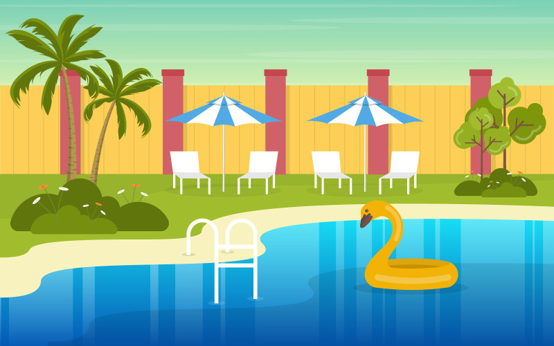 Download Иллюстрация "Multipurpose Building Concept - Illustration" / Multipurpose Building Concept - Illustration - Иллюстрация на тему графика modern,house,villa,exterior,swimming,pool,backyard,illustration,vector,water,day,cloud,blue,tree,top,view,background,poolside,outdoor,summer