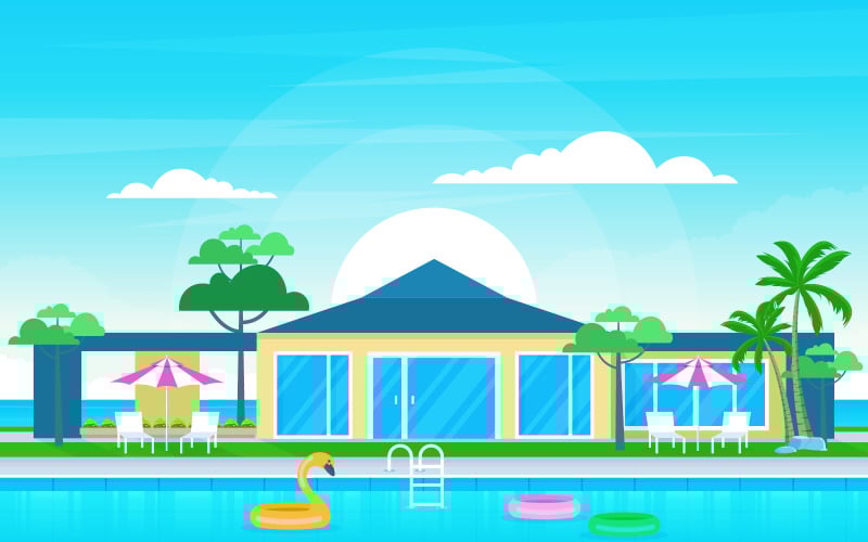 Download Иллюстрация "Multipurpose Building Outdoor - Illustration" / Multipurpose Building Outdoor - Illustration - Иллюстрация на тему графика modern,house,villa,exterior,swimming,pool,backyard,illustration,vector,water,day,cloud,blue,tree,top,view,background,poolside,outdoor,summer