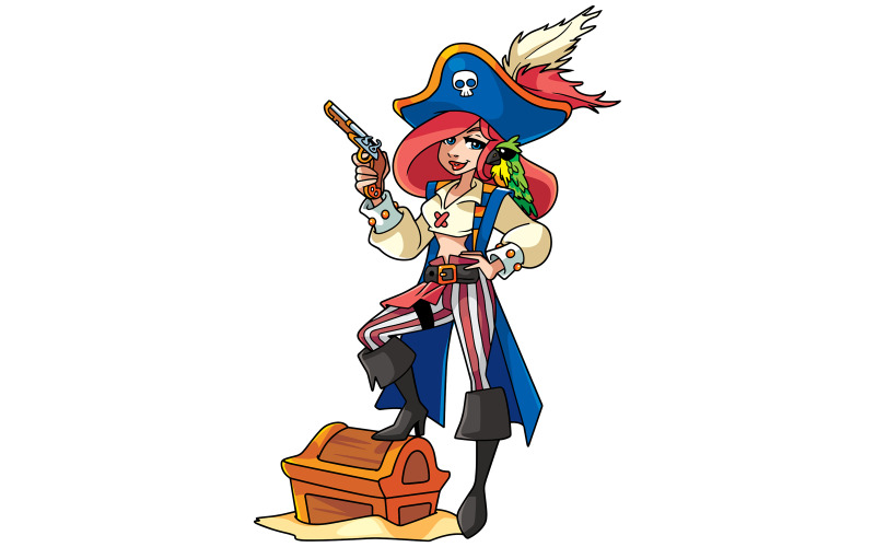 Download Иллюстрация "Pirate Girl - Illustration" / Pirate Girl - Illustration - Иллюстрация на тему графика pirate,woman,costume,treasure,gun,pistol,funny,parrot,illustration,young,attractive,beautiful,on white,isolated,white background,copy space,suit,vintage,retro,character