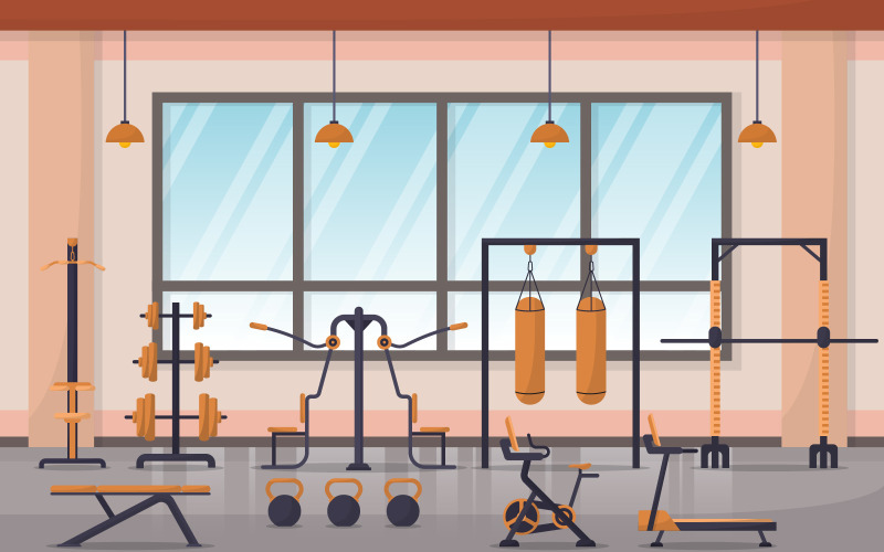 Download Иллюстрация "Sport Gym Center - Illustration" / Sport Gym Center - Illustration - Иллюстрация на тему графика gym,center,interior,sport,club,fitness,weight,bodybuilding,equipment,vector,illustration,healthy,muscular,gymnasium,gymnastic,sports column,turning,device,treadmill,bike