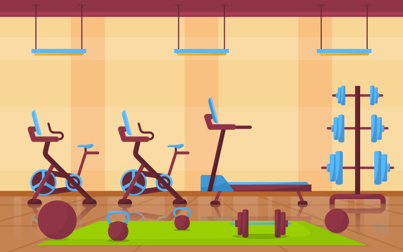 Download Иллюстрация "Sport Gym Interior - Illustration" / Sport Gym Interior - Illustration - Иллюстрация на тему графика gym,center,interior,sport,club,fitness,weight,bodybuilding,equipment,vector,illustration,healthy,muscular,gymnasium,gymnastic,sports column,turning,device,treadmill,bike