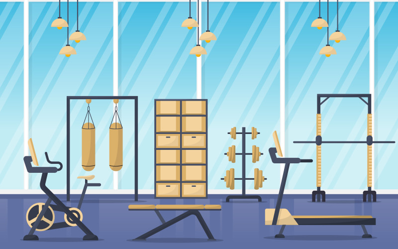 Download Иллюстрация "Sport Modern Interior - Illustration" / Sport Modern Interior - Illustration - Иллюстрация на тему графика gym,center,interior,sport,club,fitness,weight,bodybuilding,equipment,vector,illustration,healthy,muscular,gymnasium,gymnastic,sports column,turning,device,treadmill,bike