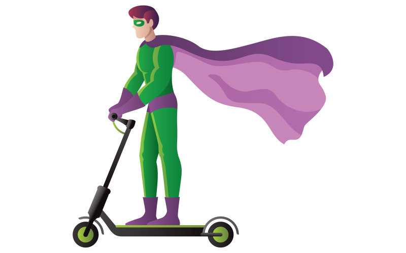 Superhjälte på elektrisk skoter på vit - illustration