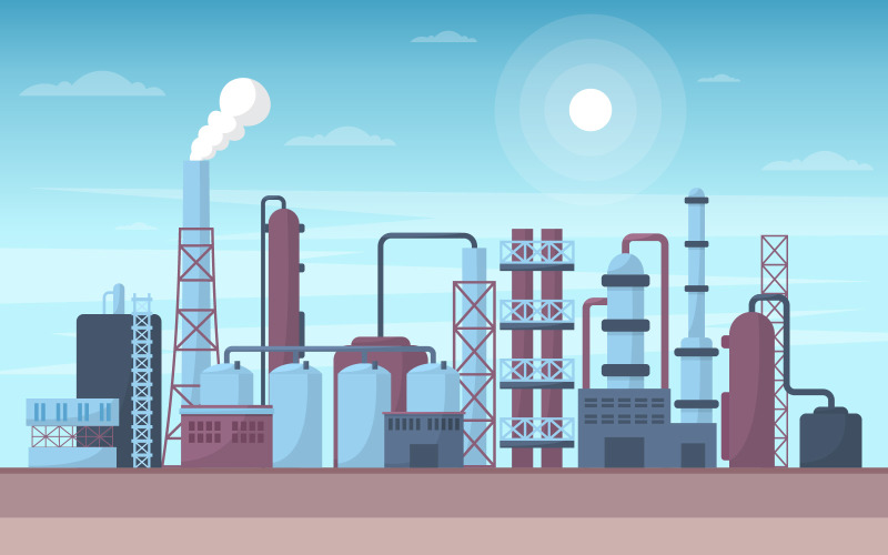 Download Иллюстрация "Building Area Landscape - Illustration" / Building Area Landscape - Illustration - Иллюстрация на тему графика industrial,factory,concept,manufacturing,building,facilities,area,flat,illustration,landscape,vector,business,engine,industry,manufacture,tree,cloud,sky,sun,windmill