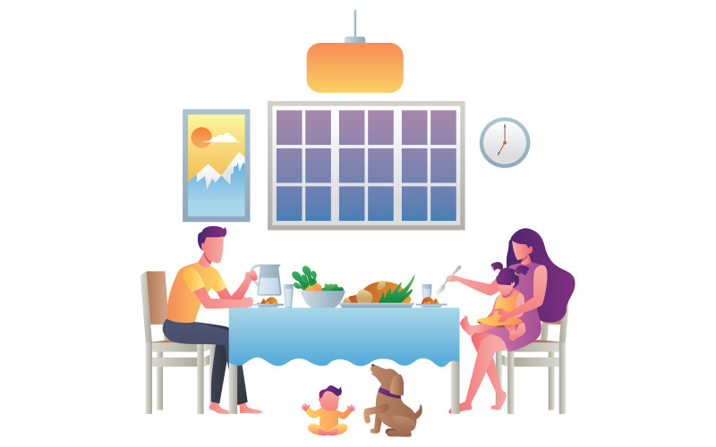 Família comendo em casa - ilustração