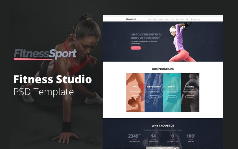 FitnessSport - Дизайн сайта фитнес студии Бесплатный PSD шаблон