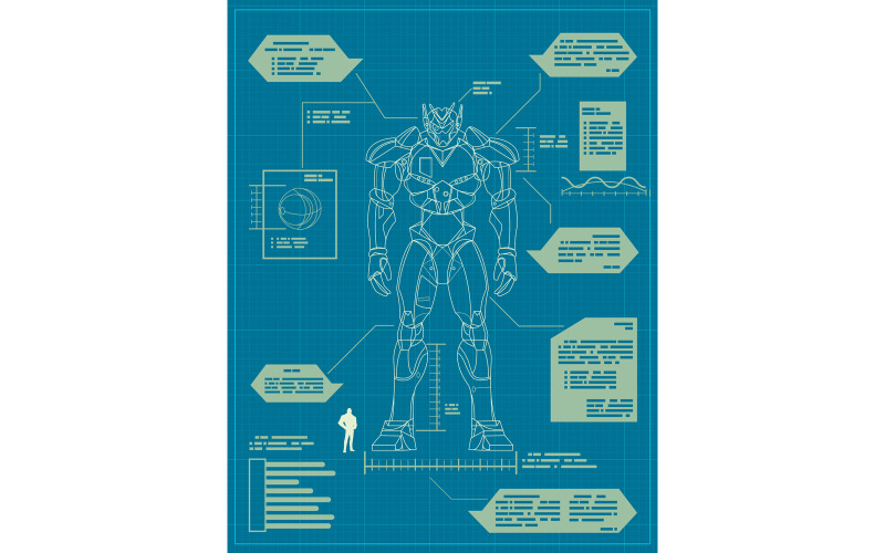 Download Иллюстрация "Giant Robot Blueprint - Illustration" / Giant Robot Blueprint - Illustration - Иллюстрация на тему графика robot,giant,transformer,robotics,blueprint,plan,draft,drawing,sketch,document,weapon,war,machine,war machine,terminator,toy,infographics,engineering,paper