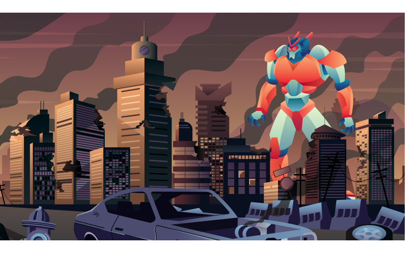 Download Иллюстрация "Giant Robot in City - Illustration" / Giant Robot in City - Illustration - Иллюстрация на тему графика robot,giant,transformer,android,city,cityscape,destruction,ruin,ruins,disaster,destroyed,war,abandoned,apocalypse,science,fiction,future