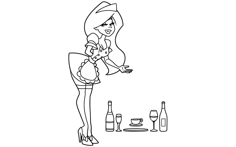 Maid Serving Drinks Line Art - Illustration