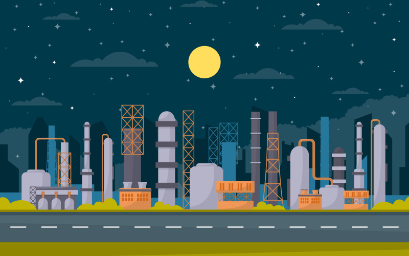 Download Иллюстрация "Manufacturing Building Facilities - Illustration" / Manufacturing Building Facilities - Illustration - Иллюстрация на тему графика industrial,factory,concept,manufacturing,building,facilities,area,flat,illustration,landscape,vector,business,engine,industry,manufacture,tree,sky,night,moon,stars