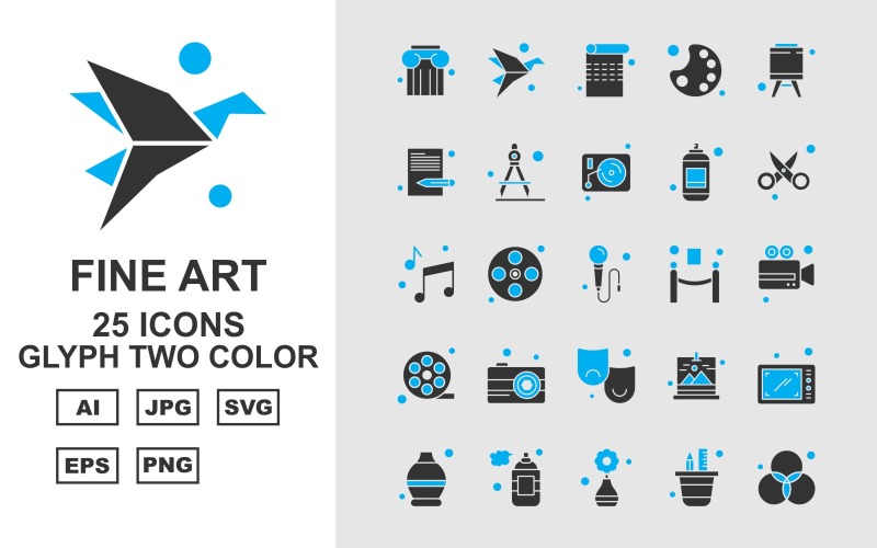 Download Набор иконок "25 Premium Fine Arts Glyph Two Color Icon Pack Set" / 25 Premium Fine Arts Glyph Two Color Icon Pack Set - Набор иконок на тему music column,film reel,gallery,smartphone,pot,perfume,creation,rgb,paper,page,color pad,strategy,document,drawing compass,vinly,scissor,music,microphone,barrie,icon