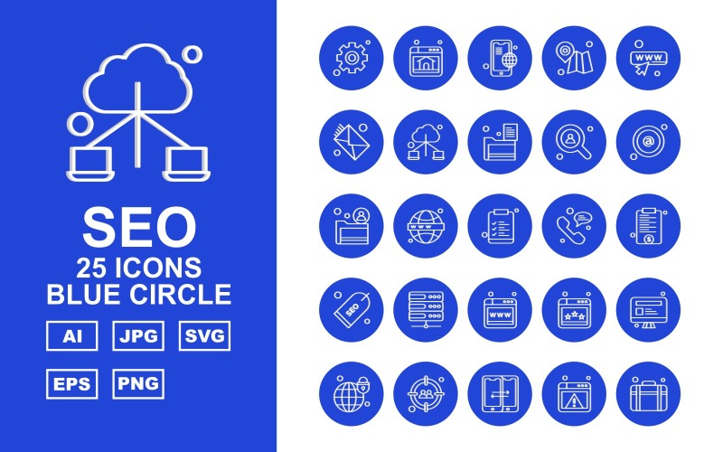 Download Набор иконок "25 Premium SEO Blue Circle Icon Pack Set" / 25 Premium SEO Blue Circle Icon Pack Set - Набор иконок на тему business setting,earth,website,lcd,aim,forward,browser,briefcase,mobile,gps,search,mail,connection,folder,at the rate sign,document,bubble,label,server,icon
