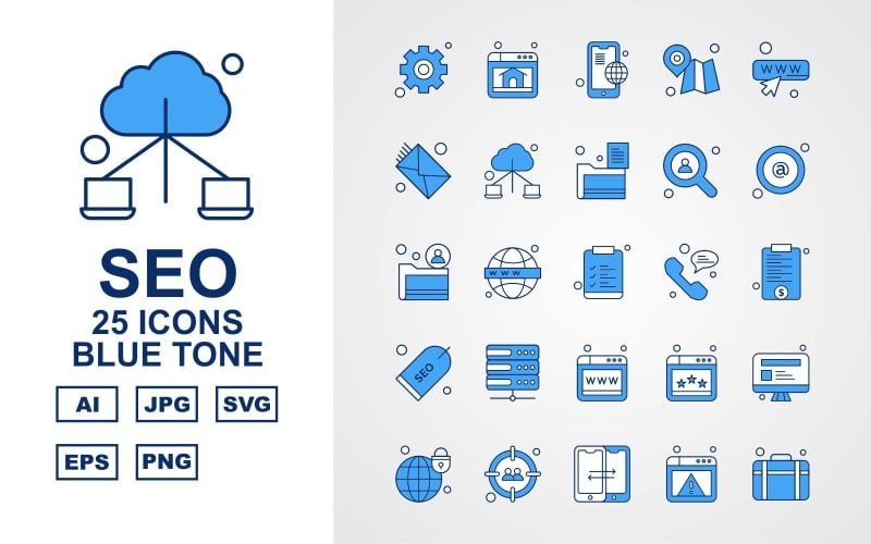 25 Premium SEO Blue Tone Icon Pack Set