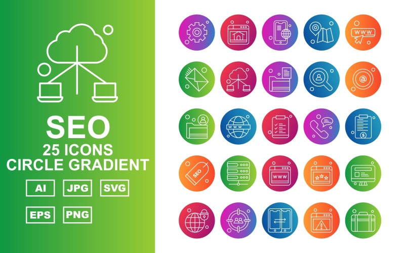 Download Набор иконок "25 Premium SEO Circle Gradient Icon Pack Set" / 25 Premium SEO Circle Gradient Icon Pack Set - Набор иконок на тему business setting,earth,website,lcd,aim,forward,browser,briefcase,mobile,gps,search,mail,connection,folder,at the rate sign,document,bubble,label,server,icon