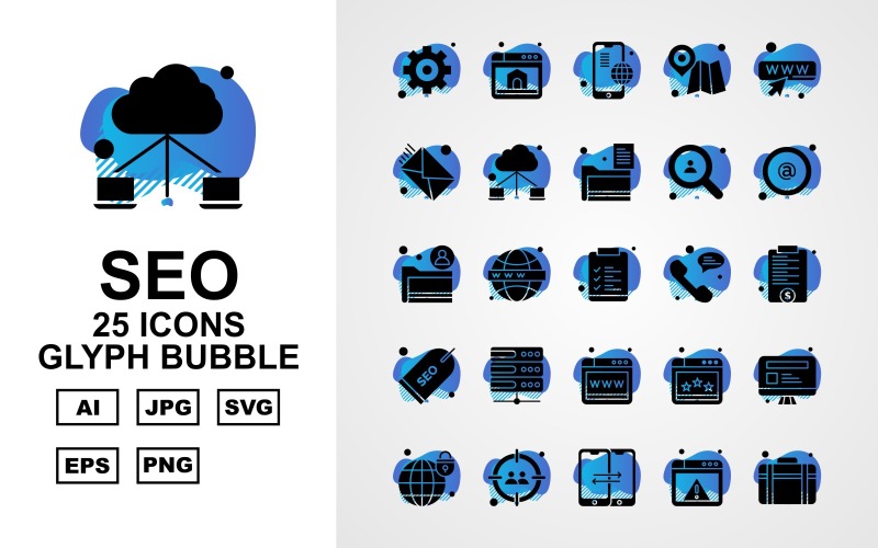 Download Набор иконок "25 Premium SEO Glyph Bubble Icon Pack Set" / 25 Premium SEO Glyph Bubble Icon Pack Set - Набор иконок на тему business setting,earth,website,lcd,aim,forward,browser,briefcase,mobile,gps,search,mail,connection,folder,at the rate sign,document,bubble,label,server,icon