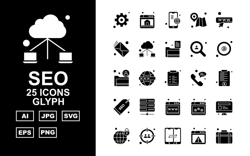 Download Набор иконок "25 Premium SEO Glyph Icon Pack Set" / 25 Premium SEO Glyph Icon Pack Set - Набор иконок на тему business setting,earth,website,lcd,aim,forward,browser,briefcase,mobile,gps,search,mail,connection,folder,at the rate sign,document,bubble,label,server,icon