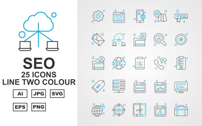 Download Набор иконок "25 Premium SEO Line Two Color Icon Pack Set" / 25 Premium SEO Line Two Color Icon Pack Set - Набор иконок на тему business setting,earth,website,lcd,aim,forward,browser,briefcase,mobile,gps,search,mail,connection,folder,at the rate sign,document,bubble,label,server,icon