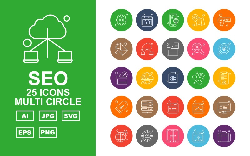 Download Набор иконок "25 Premium SEO Multi Circle Icon Pack Set" / 25 Premium SEO Multi Circle Icon Pack Set - Набор иконок на тему business setting,earth,website,lcd,aim,forward,browser,briefcase,mobile,gps,search,mail,connection,folder,at the rate sign,document,bubble,label,server,icon