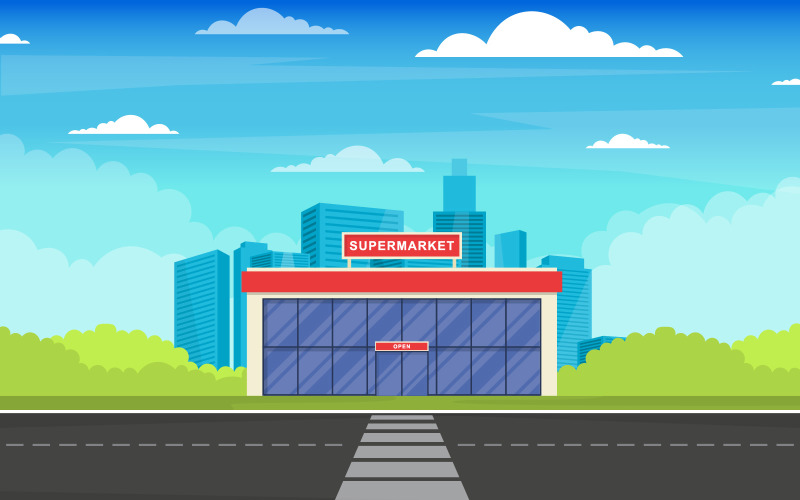 Download Иллюстрация "Store Retail Grocery - Illustration" / Store Retail Grocery - Illustration - Иллюстрация на тему графика supermarket,grocery,store,retail,shop,mall,city,building,flat,illustration,vector,template,background,day,clouds,cityscape,tree,car,front,design