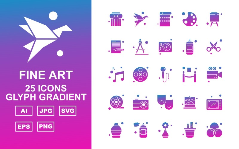 Zestaw 25 pakietów ikon gradientu premium Fine Arts Glyph Glyph
