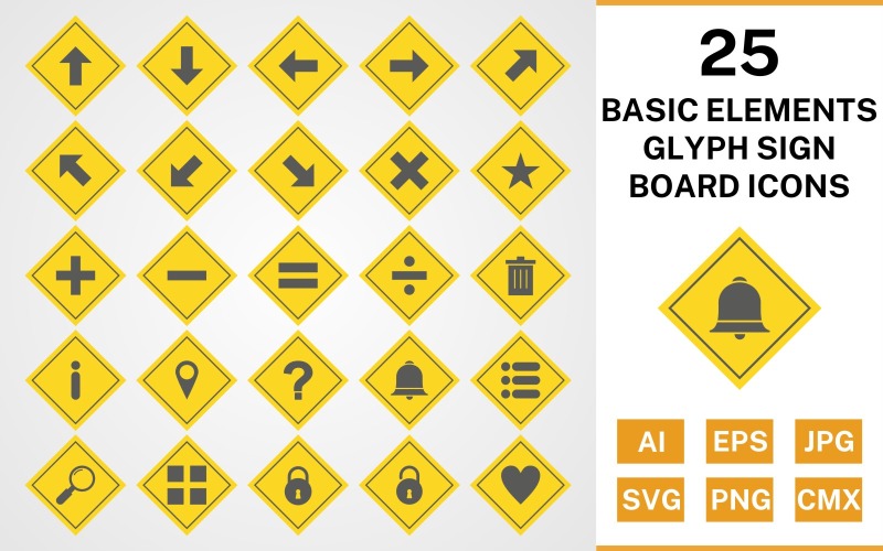 Download Набор иконок "25 Basic Elements Glyph Sign Board Icon Set" / 25 Basic Elements Glyph Sign Board Icon Set - Набор иконок на тему text set,file,files,icon,icons,glyph,vector,sign,symbol,pictogram,board,basic elements,up,down,apps,lock,list,minus,delete,divide