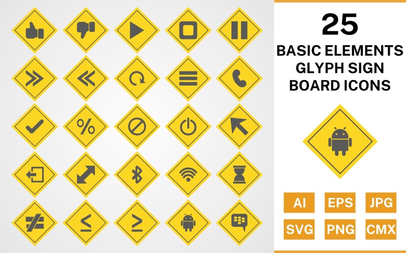 25 Basic Elements Glyph Sign Board Ikonuppsättning