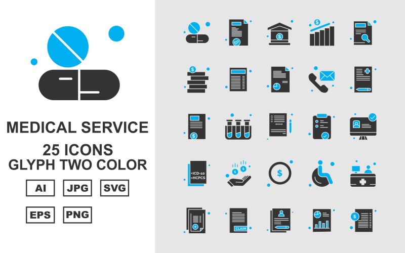 Conjunto de paquetes de iconos de dos colores de glifos de servicio médico premium 25