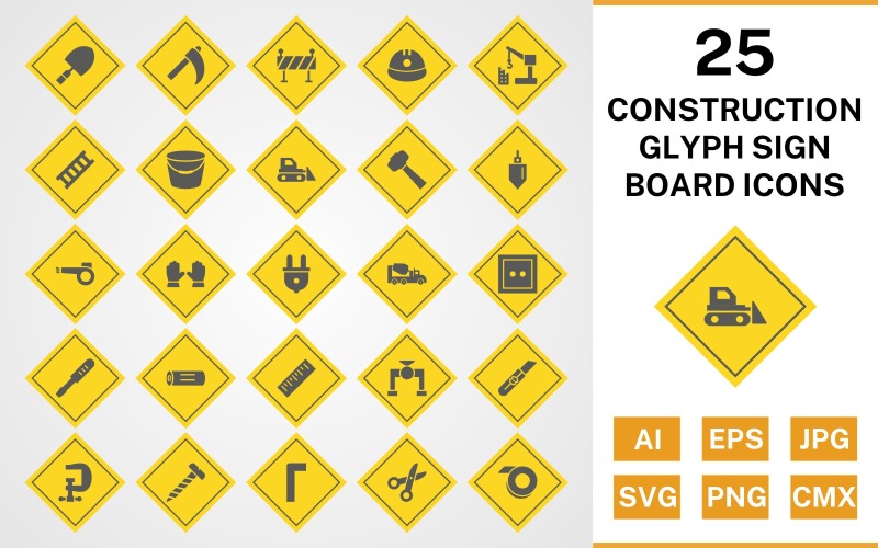 Download Набор иконок "25 Construction Glyph Sign Board Icon Set" / 25 Construction Glyph Sign Board Icon Set - Набор иконок на тему text set,file,files,icon,icons,glyph,vector,sign,symbol,pictogram,board,construction,trowel,ladder,bucket,vise,ruler,helmet,hammer,bulldozer