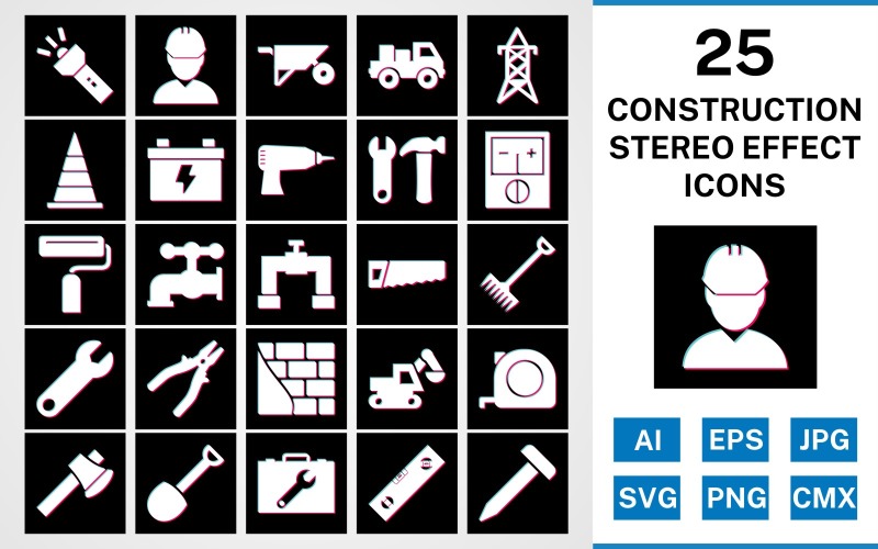 Download Набор иконок "25 Construction Stereo Effect Icon Set" / 25 Construction Stereo Effect Icon Set - Набор иконок на тему industrial set,file,stereo,icon,icons,glyph,vector,sign,symbol,pictogram,effect,construction,engineer,loader,tools,tool box,drill,paint roller,pipe,saw