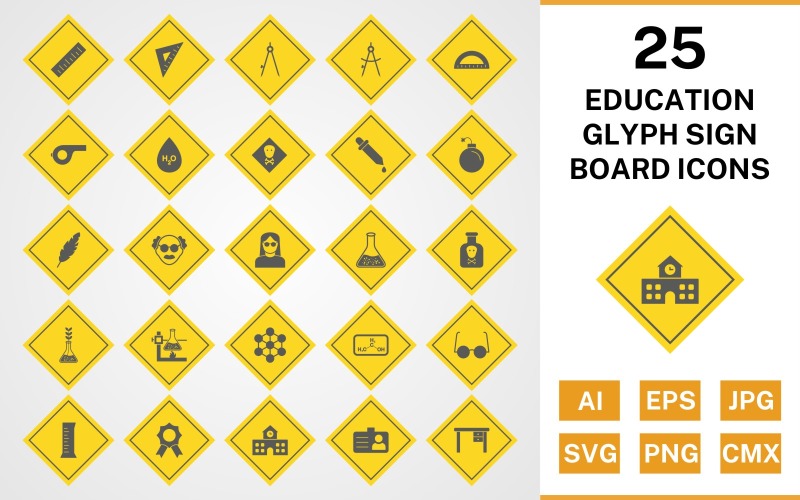 Download Набор иконок "25 Education Glyph Sign Board Icon Set" / 25 Education Glyph Sign Board Icon Set - Набор иконок на тему text set,file,files,icon,icons,glyph,vector,sign,symbol,pictogram,board,education,toxic,scale,school,award,chemicals,beaker,divider,compass