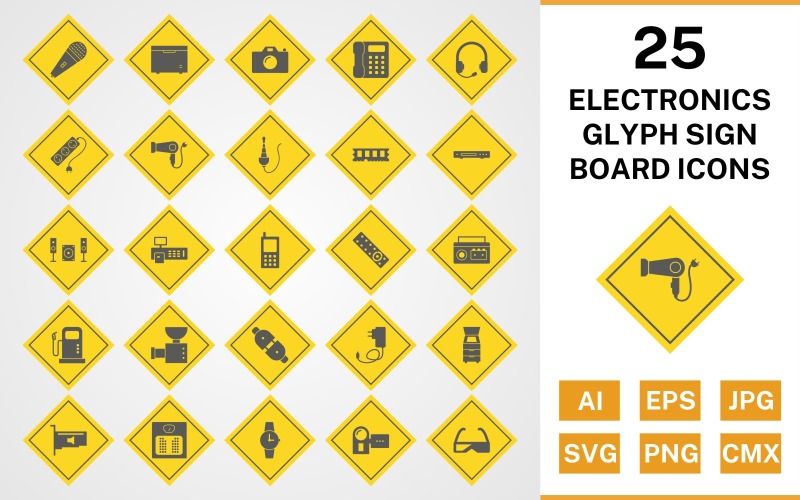25 elektronische apparaten Glyph Sign Board Icon Set