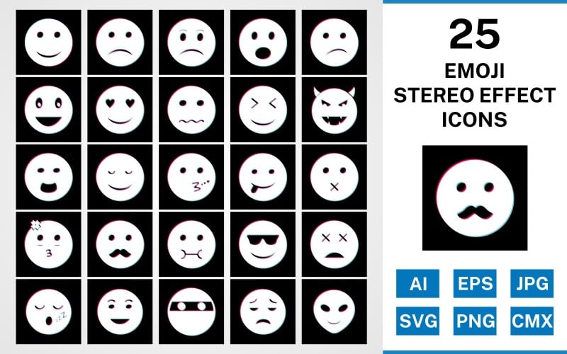 Download Набор иконок "25 Emoji Stereo Effect Icon Set" / 25 Emoji Stereo Effect Icon Set - Набор иконок на тему social media set,file,stereo,icon,icons,glyph,vector,sign,symbol,pictogram,effect,emoji,happy,sad,lol,alien,kiss,wink,nervous,calm