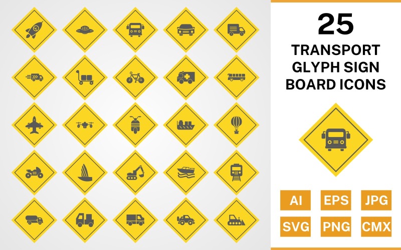 25 Ensemble d'icônes de panneau de signe de glyphe de transport