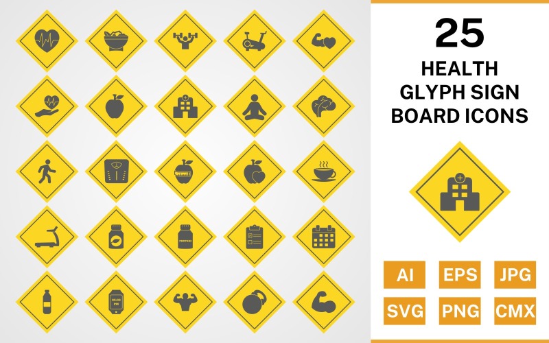 Download Набор иконок "25 Health Glyph Sign Board Icon Set" / 25 Health Glyph Sign Board Icon Set - Набор иконок на тему food set,file,files,icon,icons,glyph,vector,sign,symbol,pictogram,board,health,yoga,salad,heart beat,walking,body,hospital,apple,healthy food