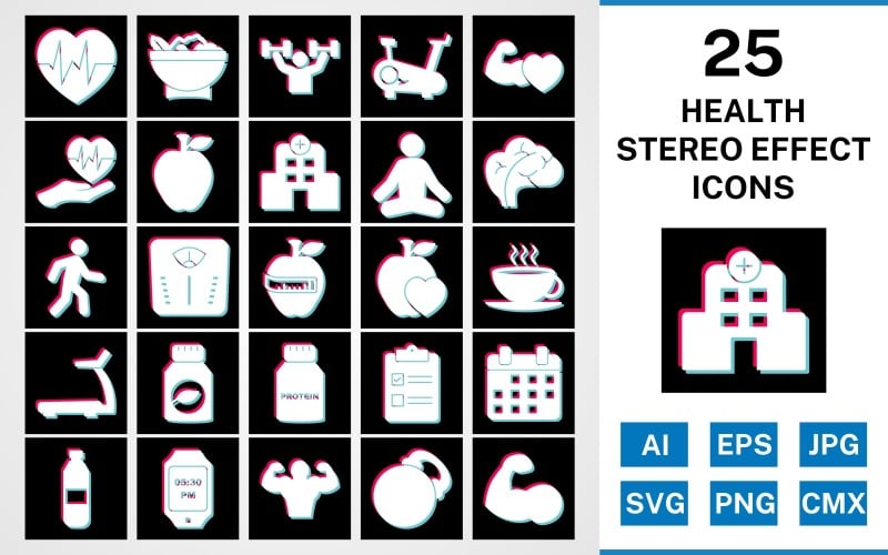 Download Набор иконок "25 Health Stereo Effect Icon Set" / 25 Health Stereo Effect Icon Set - Набор иконок на тему food set,file,stereo,icon,icons,glyph,vector,sign,symbol,pictogram,effect,health,yoga,salad,heart beat,walking,body,hospital,apple,healthy food