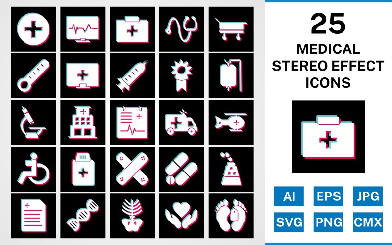Download Набор иконок "25 Medical Stereo Effect Icon Set" / 25 Medical Stereo Effect Icon Set - Набор иконок на тему medical set,file,stereo,icon,icons,glyph,vector,sign,symbol,pictogram,effect,medical,drip,xray,dna,report,toe tag,medicines,hospital,injection