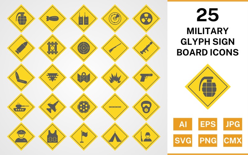 Download Набор иконок "25 Military Glyph Sign Board Icon Set" / 25 Military Glyph Sign Board Icon Set - Набор иконок на тему military set,file,files,icon,icons,glyph,vector,sign,symbol,pictogram,board,military,bullet,target,grenade,jet,tent,gun,blast,radar