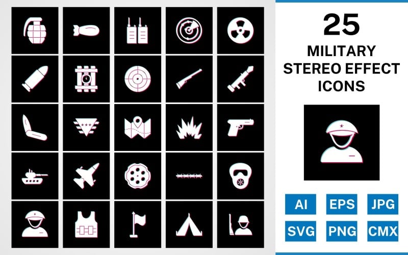 Download Набор иконок "25 Military Stereo Effect Icon Set" / 25 Military Stereo Effect Icon Set - Набор иконок на тему military set,file,stereo,icon,icons,glyph,vector,sign,symbol,pictogram,effect,military,bullet,target,grenade,jet,tent,gun,blast,radar